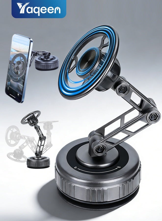Yaqeen Magnetic Car Phone Holder with Vacuum Suction and N54 Strong Magnet, 360° Rotatable Car Mount with 3 Axis Foldable Arm for MagSafe, Alloy Magnetic Phone Stand with Magnetic Ring for iPhone and All Smartphones - Image 1